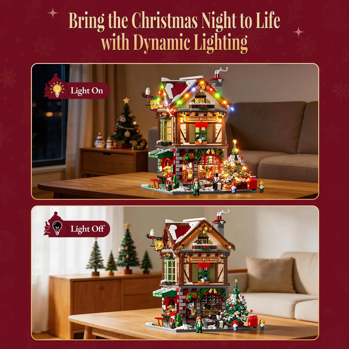 LUMIBRICKS Weihnachts-Pub Bauset mit LED-Beleuchtung und Soundmodul, 2142 Teile Weihnachtsdorf-Modell für Erwachsene, Modulares Gebäude mit Licht- und Musikeffekten
