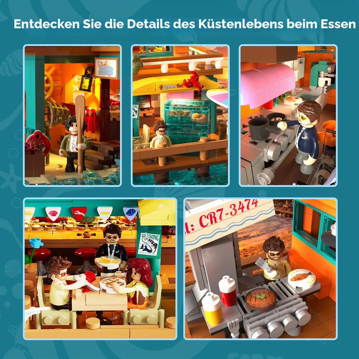 LUMIBRICKS Küsten-Seafood-Restaurant Beleuchtetes Klemmbaustein-Set, 2484 Teile Retro-Strandrestaurant mit LED-Lichtern, Modularer Hafen-Diner mit Öffnender Struktur & Meeresdetails