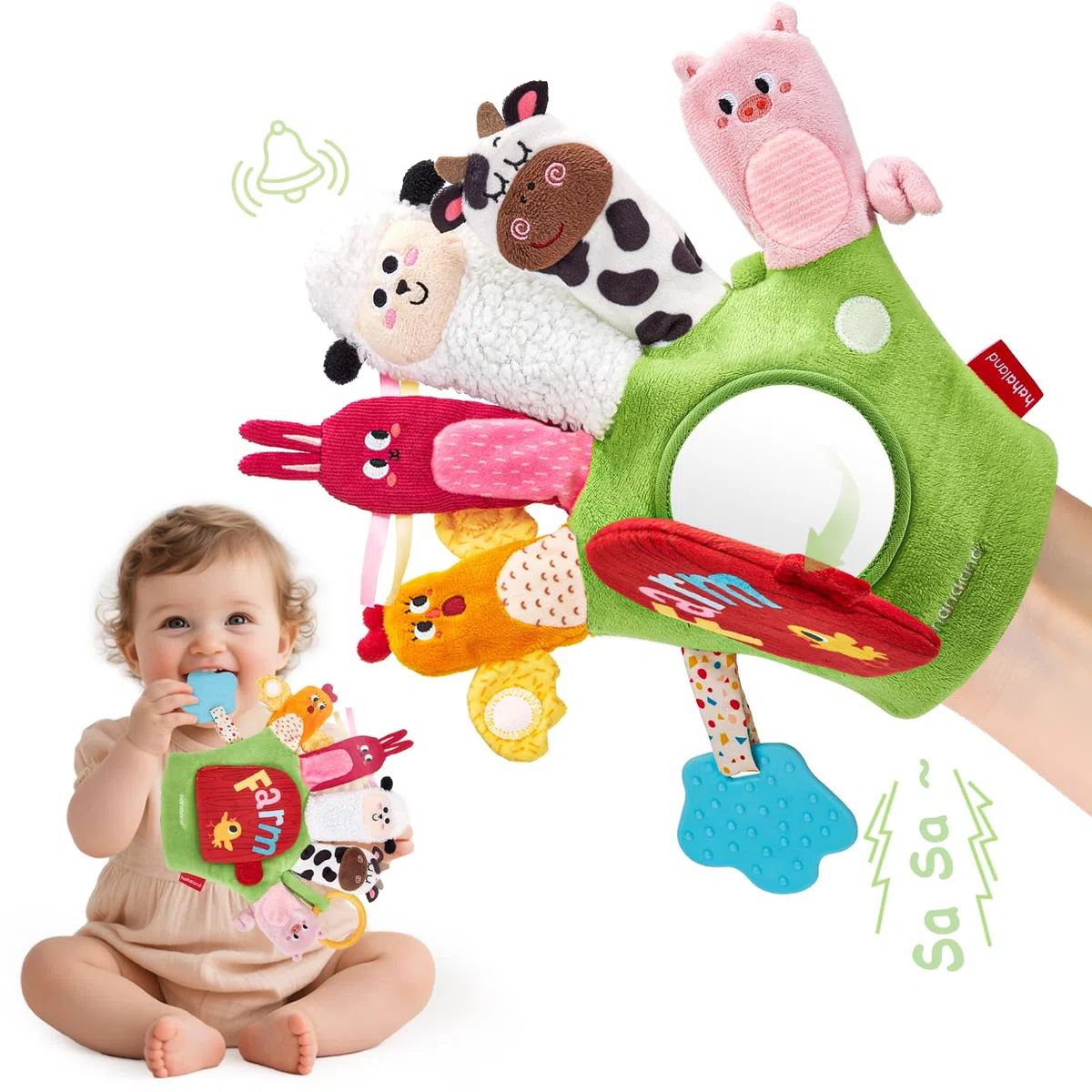 hahaland Baby Sensorik Spielzeug ab 6 12 Monaten - Bauernhof Handpuppen Fingerpuppen mit Beißring & Spiegel für Kinder, Jungen Mädchen, Tummy Time Toy, Baby Geschenk Geburt & Neugeborenen Geschenk