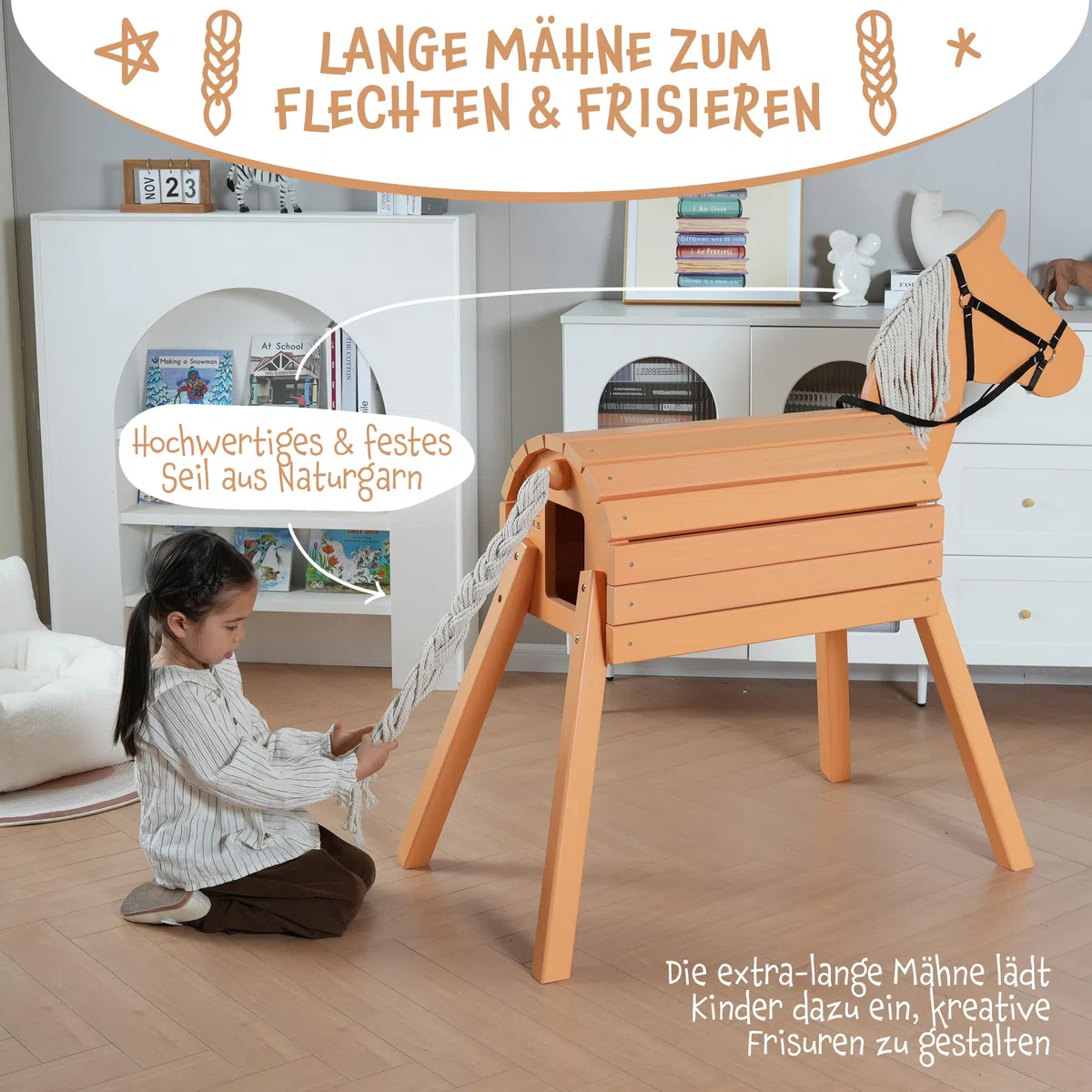 Pink Papaya Holzpferd für draußen, Reitpferd aus Holz für Kinder, Spielpferd XXL für den Garten, Outdoor Pferd mit Mähne und Schweif