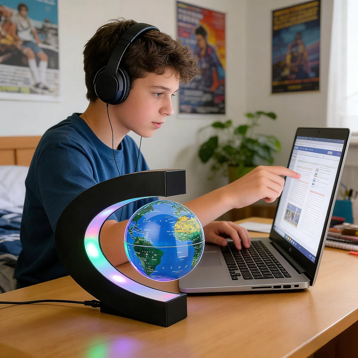 C-Form Magnetisch Schwebender Globus mit LED-Licht, Magnetische Schweben Floaten Weltkarte Globus, Rotierende Erde Globus Kugel, Automatischer Schwimmender Globus-1