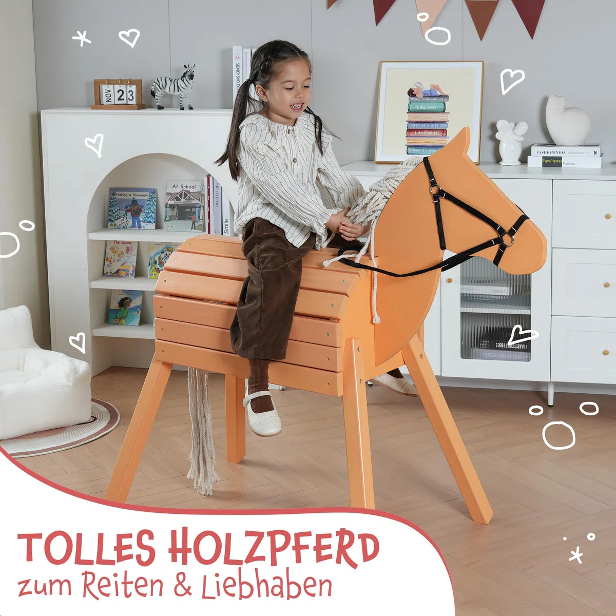 Pink Papaya Holzpferd für draußen, Reitpferd aus Holz für Kinder, Spielpferd XXL für den Garten, Outdoor Pferd mit Mähne und Schweif