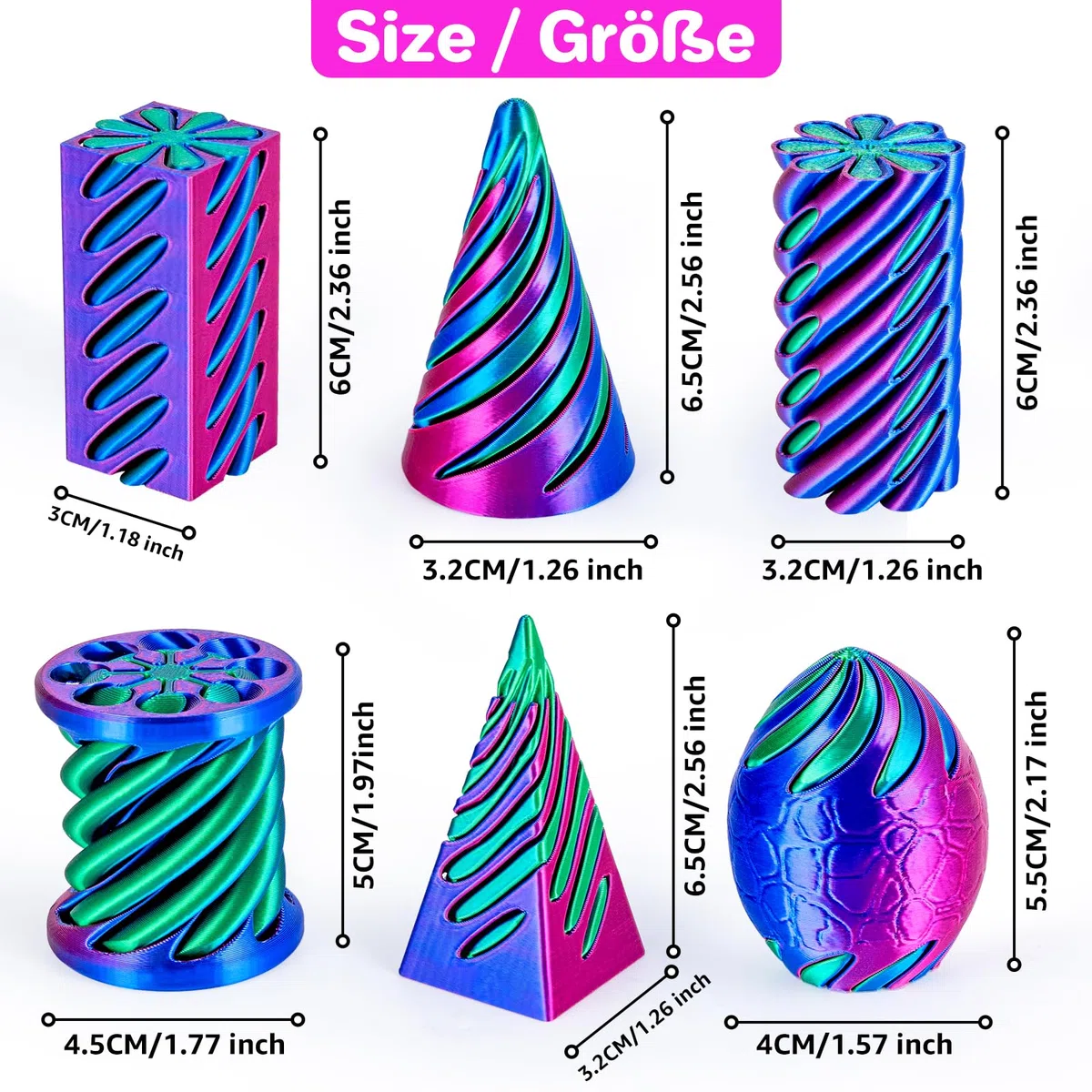 6 Packungen Spirale Fidget Kegel 3D gedruckt Spielzeug Set, Flexible Pyramide Passthrough für Stressabbau, Kinder Erwachsene Schreibtisch Spielzeug, Rosenrot & Dunkelblau & Grün