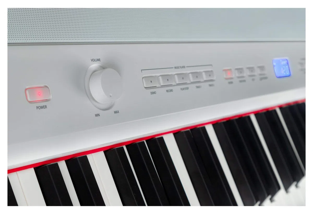 P-60 WM Compact Piano (Stagepiano mit 88 Tasten und passendem Unterbau, Hammermechanik, Anschlagdynamik, 128-fach polyphon, 14 Sounds, inkl. Notenhalter und Netzteil) weiß