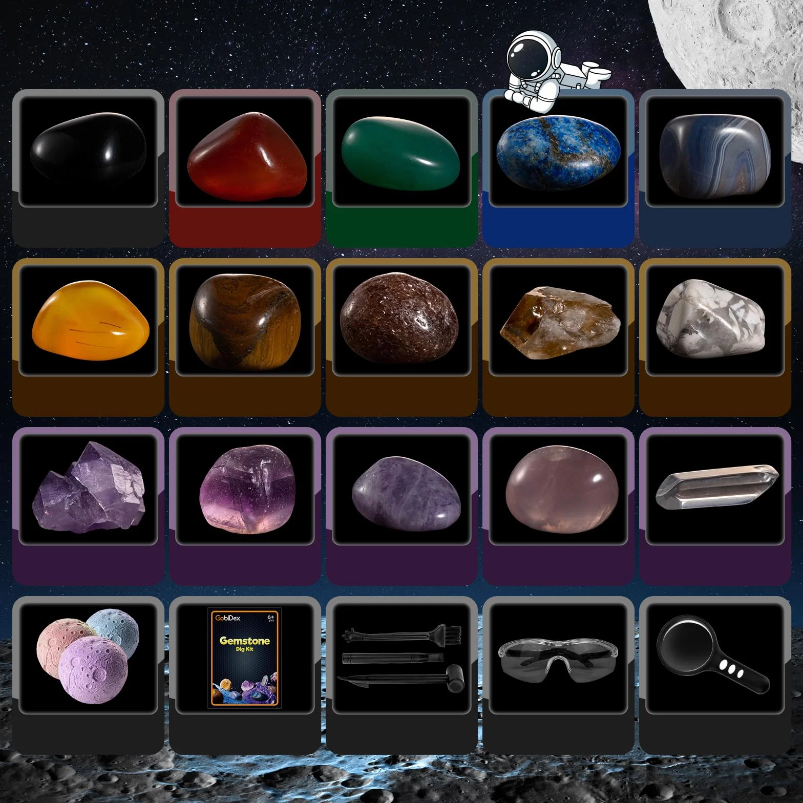 GobiDex Ausgrabungsset für Kinder, Natürliche Edelsteine und Kristalle, Mineralien Steine für Kinder ab 6 7 8 9 10, Mond Schatzsuche Spielzeug, Sonnensystem, Planeten Geschenk für Jungen und Mädchen