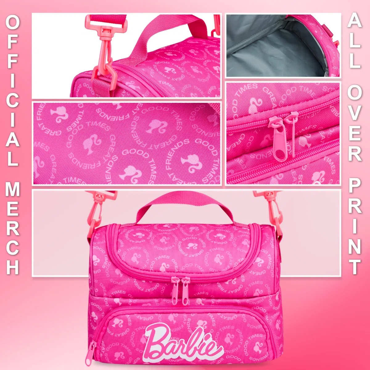 Get Trend Barbie Isolierte Lunchtasche Kinder, Lunch Bag für Brotdose, 2 Fächer & Abnehmbarer Schultergurt, Thermo Kühltasche für Schule Picknick Kita, Geschenk für Mädchen & Teenager