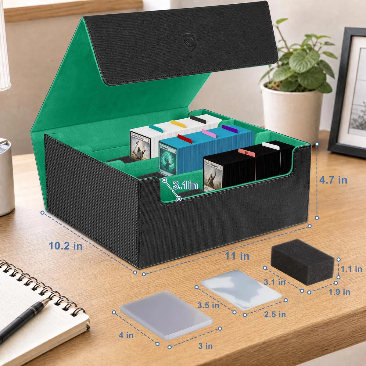 Kartenbox mit 200 Toploadern und 600 Kartenhüllen, Fasst 1800 eingehüllte Karten, Sammelkarten-Aufbewahrungsbox mit Magnetverschluss, 10 Trennern & 6 Stoppern für Sportkarten & TCGs (Schwarz und Grün)