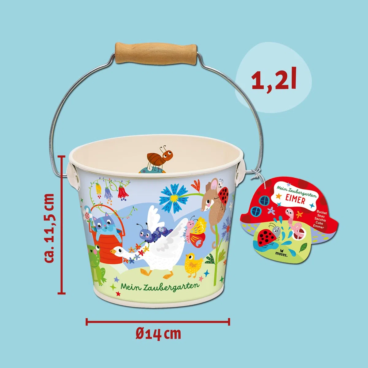 Moses. Mein Zaubergarten Eimer, Kinder-Eimer aus Metall mit Holzgriff für Garten, Sandkasten & Spielplatz, Spieleimer zum Sammeln & Buddeln, Outdoor-Spaß ab 3 Jahren