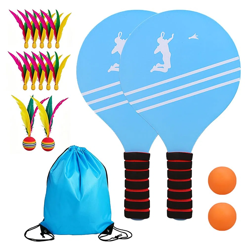 Beach Ball Spiel Set,Beachball Set mit 2 Schläger,12 Feder Bälle,2 Tischtennis,1 Aufbewahrungsbeutel,Paddleball Spielset,Strandtennis,Sommer Strand Pool Garten Spiel für Familie und Party