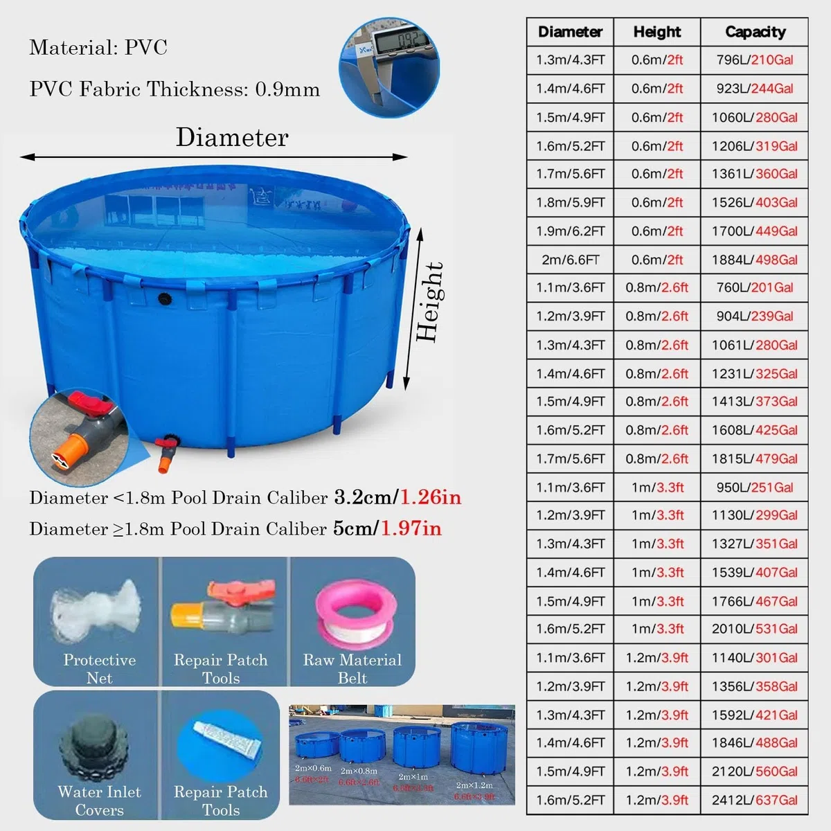 Tragbarer, faltbarer PVC-Pool für Kinder und Erwachsene, runder oberirdischer Swimmingpool für Terrassen und Hinterhof-Spaß (2 x 0,8 m)