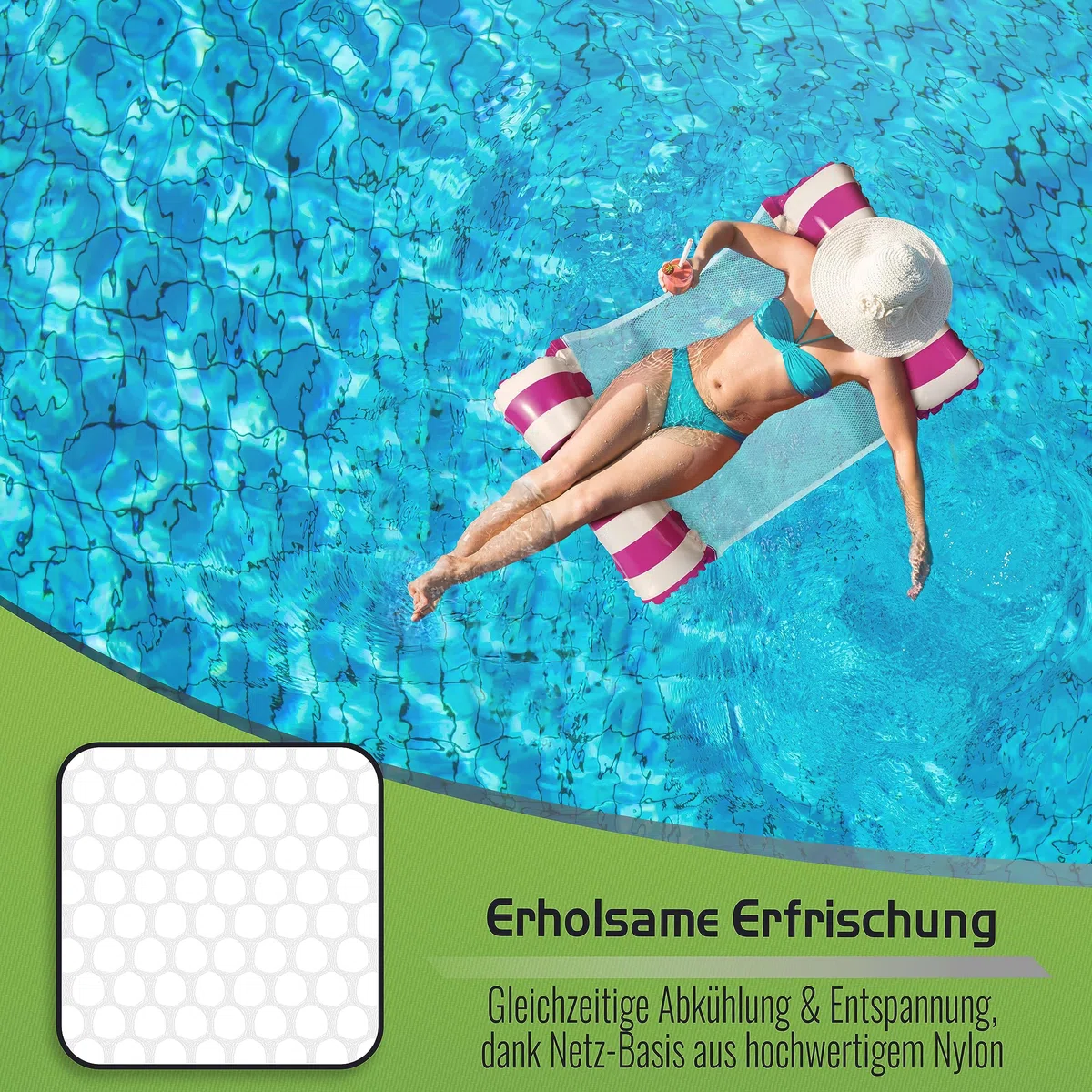 Balinco – Aufblasbare Wasserhängematte Luftmatratze mit 2 Luftkammern & Nylon Netz für Pool – Floatie Wassermatratze Relaxliege für Erwachsene & Kinder – Sommer Poolzubehör