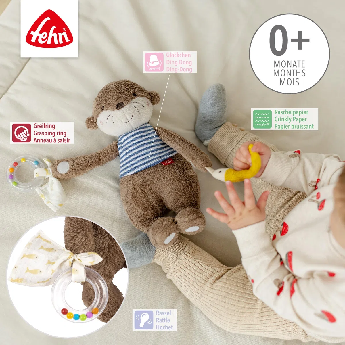 Fehn Activity-Otter Theo – Motorikspielzeug zum Aufhängen mit spannenden Anhängern zum Greifen und Geräusche erzeugen für Babys und Kleinkinder ab 0+ Monaten