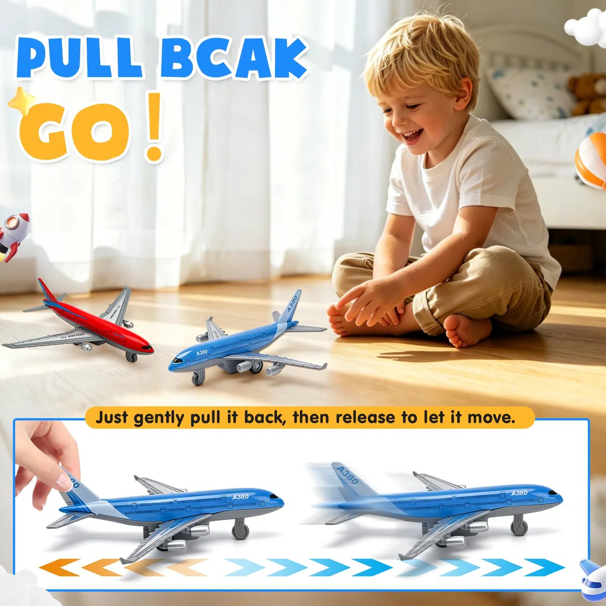 2 Stück Airbus A380 Flugzeug Spielzeug, Mini Modellflugzeug mit Rückziehfunktion, Spielzeugflugzeug für Kinder ab 3 Jahren – Rollendes Flugzeug Modell für Flughafen Spielzeug