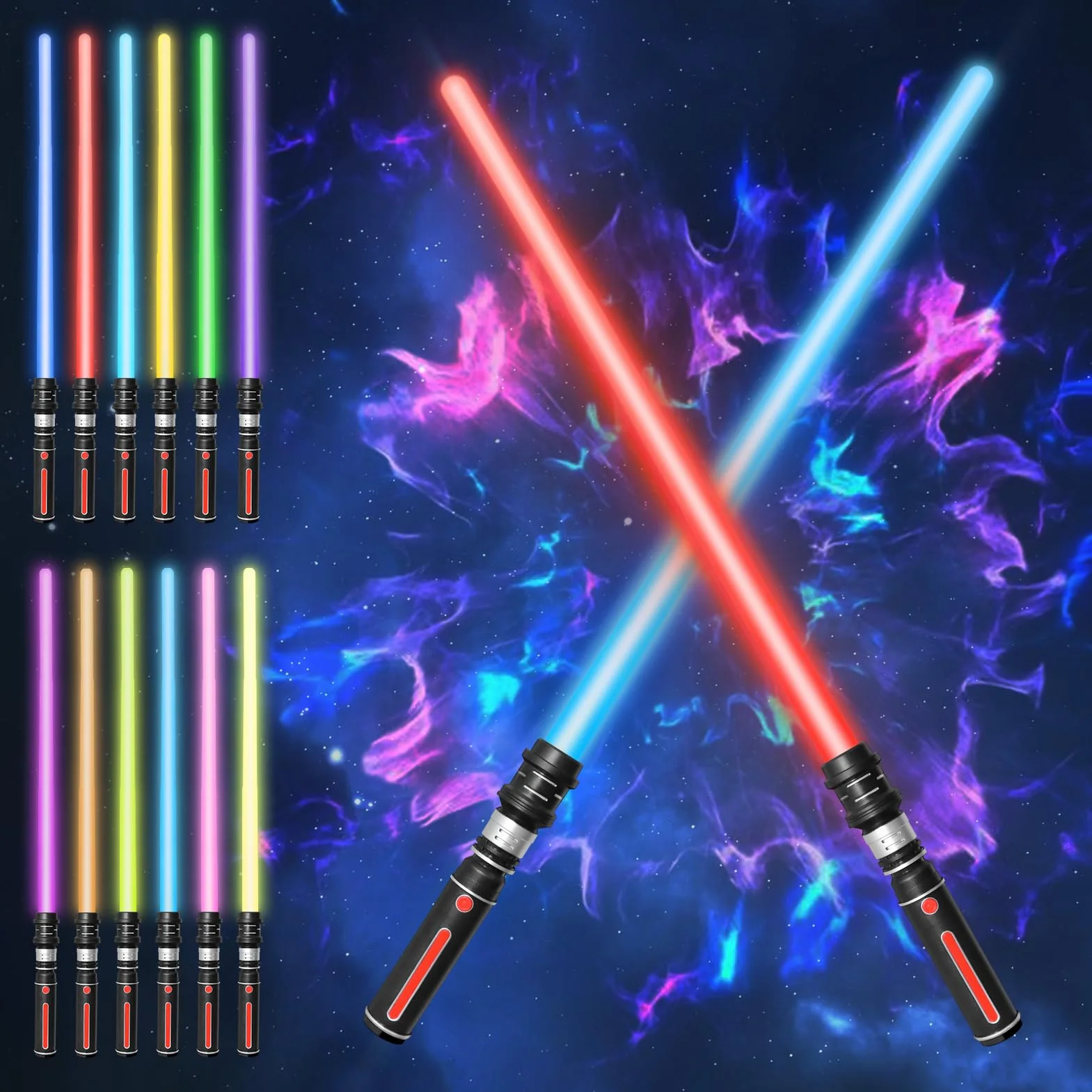 SOARFLY Lichtschwert 12 Farben, 2 Stück Laserschwert für Kinder Erwachsene, FX Lichtschwert Simulierter Filmkampf-Soundfonts für Party, Geschenk, Cosplay
