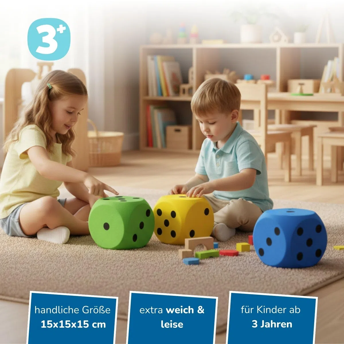 alldoro 63108 XXL Schaumstoff-Würfel Blau, 15 x 15 cm, großer Soft-Spielwürfel, weich & leise, Spielen & Lernen, Indoor & Outdoor