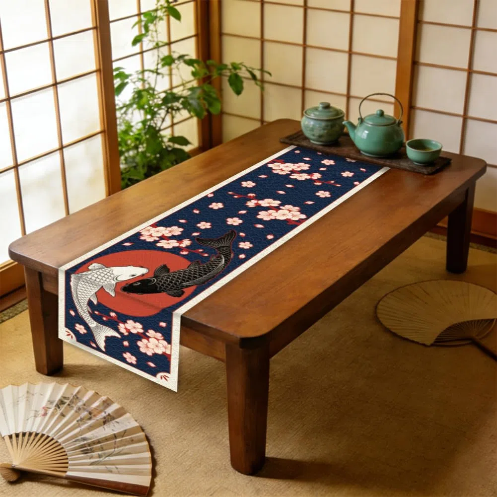 WADORN Japanisch koi Fisch Tischläufer 1.8x0.3m Kirschblüte asiatisch Tischläufer lang Bauernhaus rustikal Küche Esszimmer Schreibtisch Deko für Frühling Sommer Feiertag Party Deko
