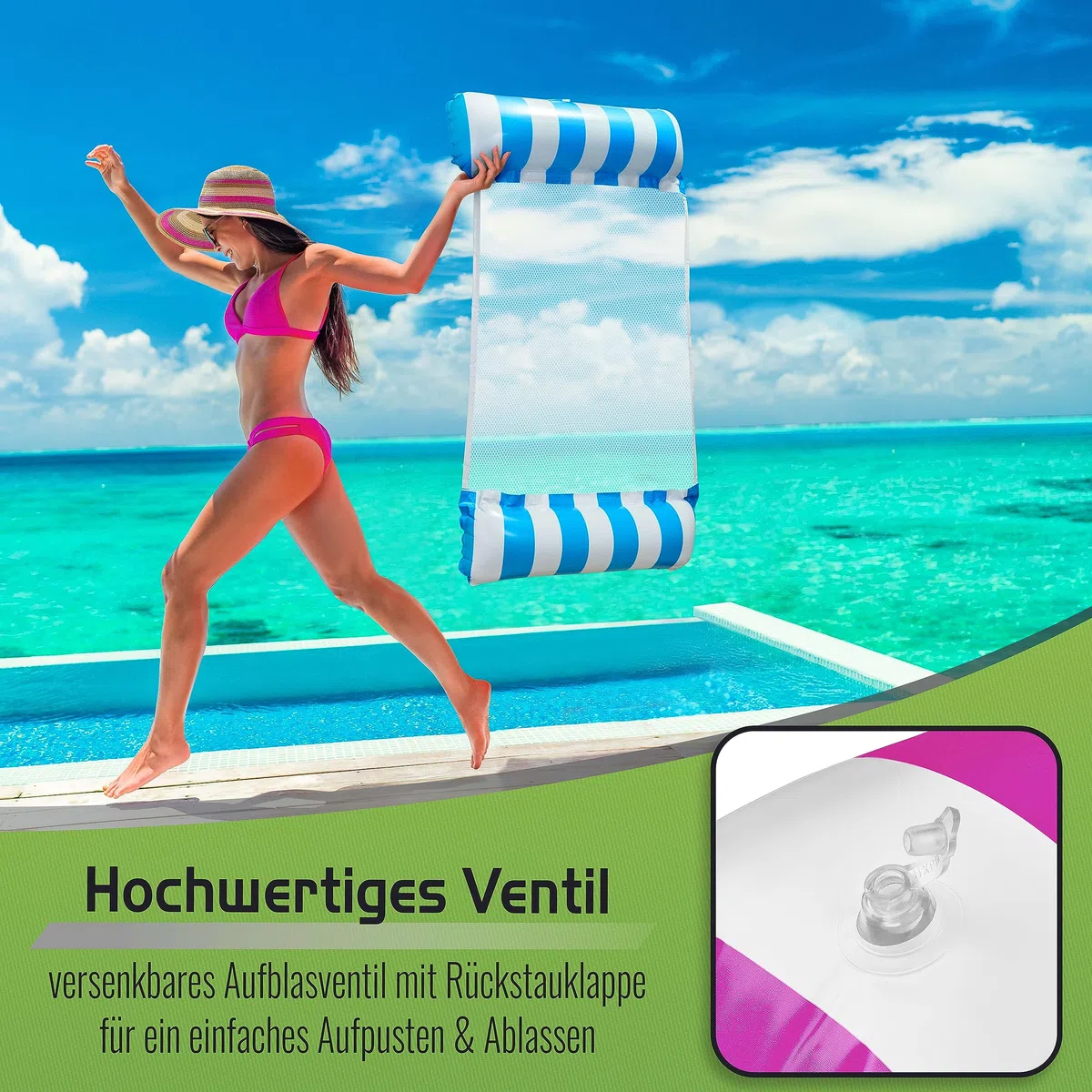 Balinco – Aufblasbare Wasserhängematte Luftmatratze mit 2 Luftkammern & Nylon Netz für Pool – Floatie Wassermatratze Relaxliege für Erwachsene & Kinder – Sommer Poolzubehör