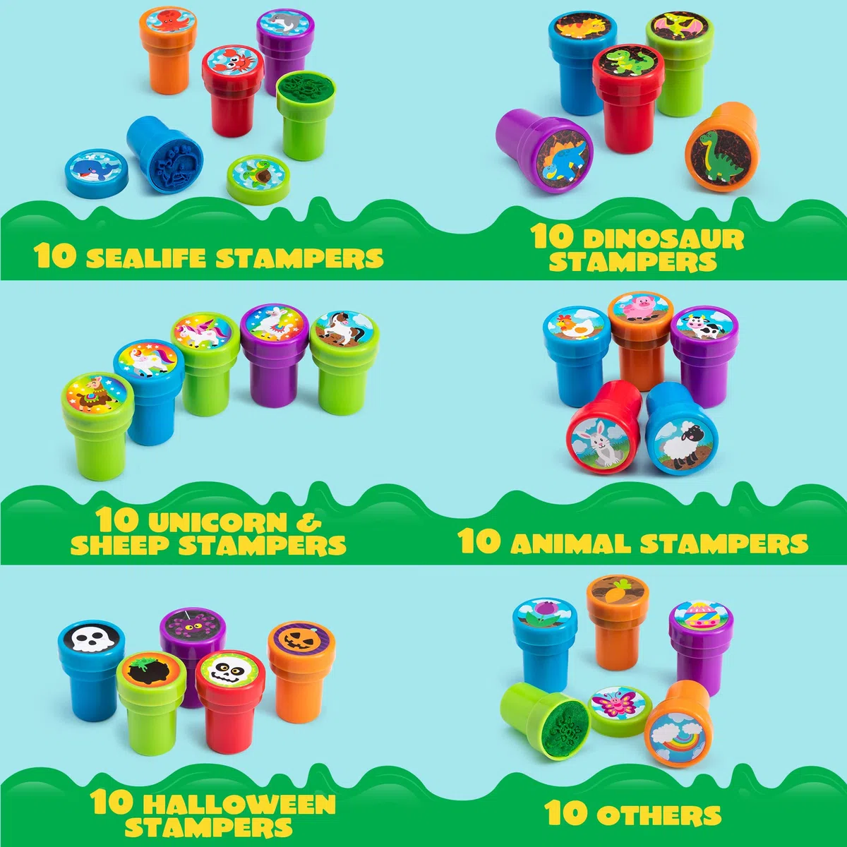JOYIN 100 stück Stempel für Kinder, selbstfärbende Stempelset 3 Jahre(50 Designs, Plastikstempel, Zoo-Safari Dinosaurier-Stempele) für Ostereier, Mitgebsel Kindergeburtstag Partygeschenke