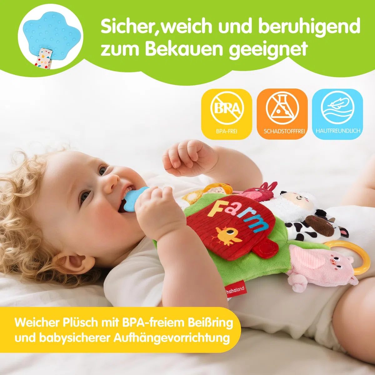 hahaland Baby Sensorik Spielzeug ab 6 12 Monaten - Bauernhof Handpuppen Fingerpuppen mit Beißring & Spiegel für Kinder, Jungen Mädchen, Tummy Time Toy, Baby Geschenk Geburt & Neugeborenen Geschenk