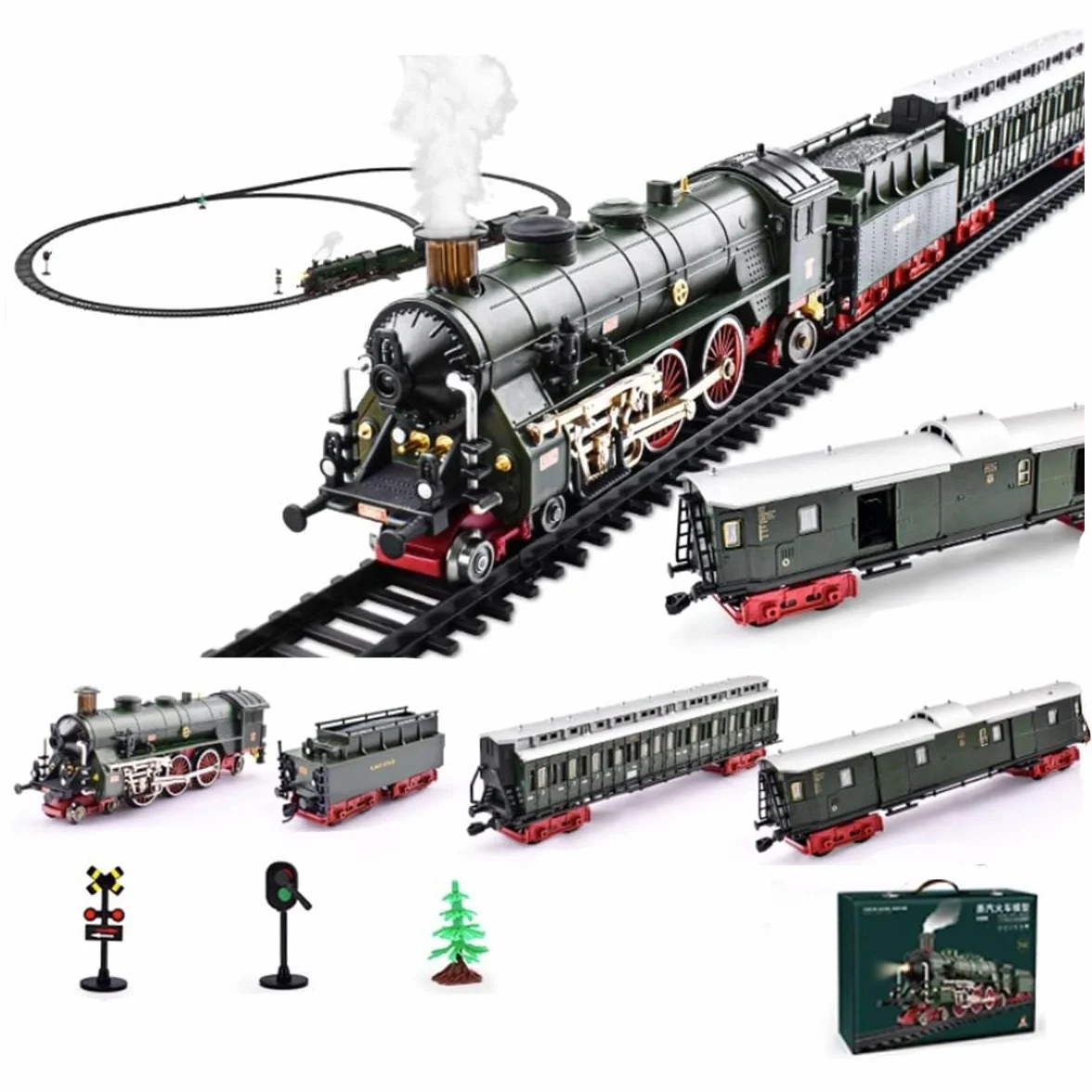 Legierung Dampflokomotive Modell, 22920 Dampf Lokomotive Eisenbahn Modell Set Modelleisenbahn Dampflok Zug mit Spur Waggons, Geschenk Dekoration für Erwachsene