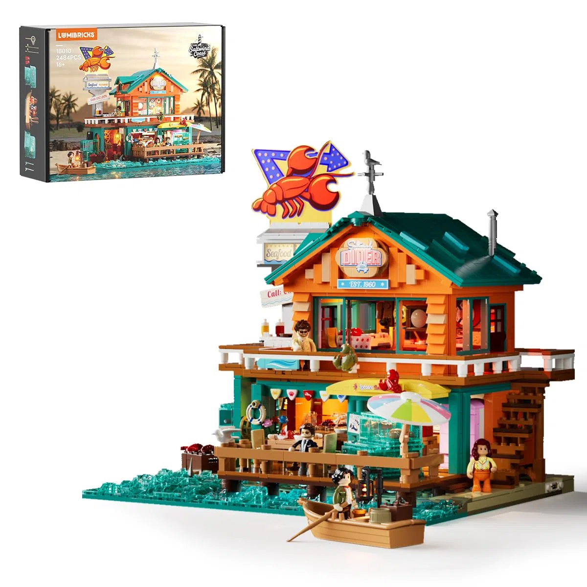 LUMIBRICKS Küsten-Seafood-Restaurant Beleuchtetes Klemmbaustein-Set, 2484 Teile Retro-Strandrestaurant mit LED-Lichtern, Modularer Hafen-Diner mit Öffnender Struktur & Meeresdetails