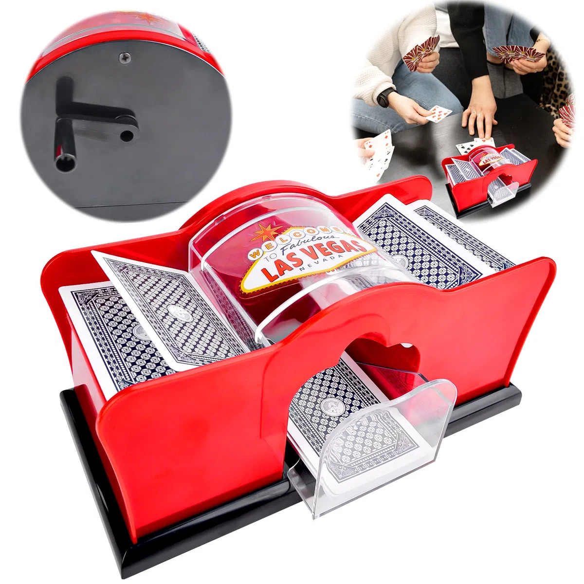 Pipihome Manuelles Kartenmischmaschine, Mischmaschine Karten für 2 Decks mit Kurbel, Kartenmischer Card Shuffler, Kartenmischgerät für Spielkarten bis 91 mm UNO, Poker, Texas Hold Em, Omaha, Baccarat