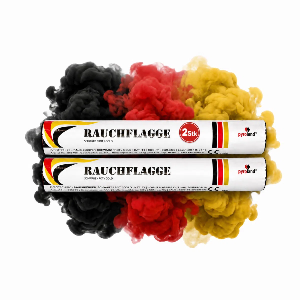Pyroland Rauchfackel Schwarz Rot Gold, 2 Stück, Deutschland Fanartikel | Dichter Tricolor-Rauch als Rauchflagge – mit CE-Kennzeichnung für Fanmärsche, Public Viewing und Fotoshootings