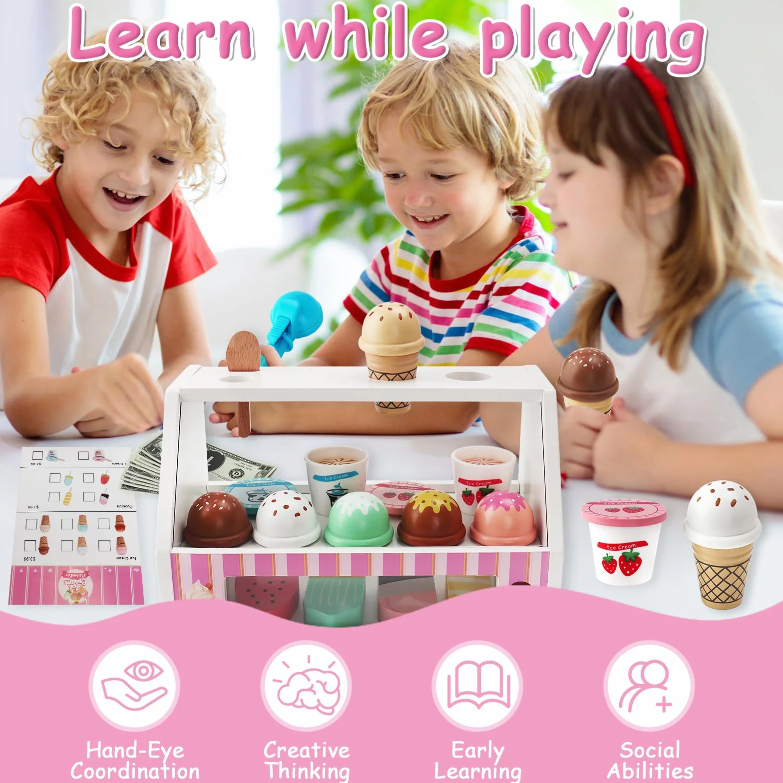 Eisdiele Kinder Holz,38-teiliges Kinderküche Zubehör,EIS Spielzeug für Kinder mit Spielgeld,Kaufladen Rollenspiele Holzspielzeug für Kinders ab 3 Jahren