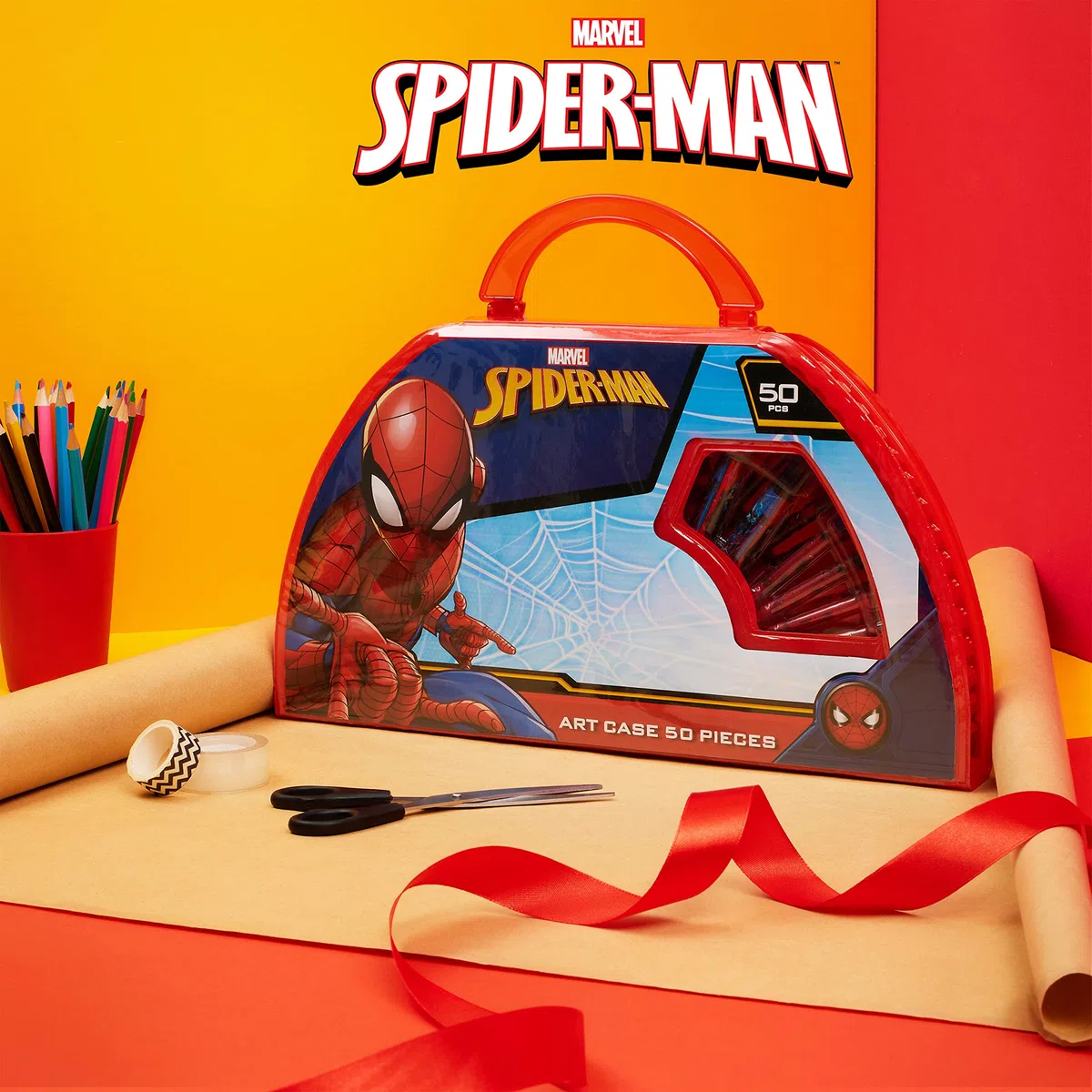 Spiderman Malset aus 49 PCS | Malkasten für Kinder in Transportbox | für Jungen ab 3 Jahren | bestehend aus Wasserfarben, Malstiften, Wachsfarben, Bleistiften | hochwertiger Malkoffer