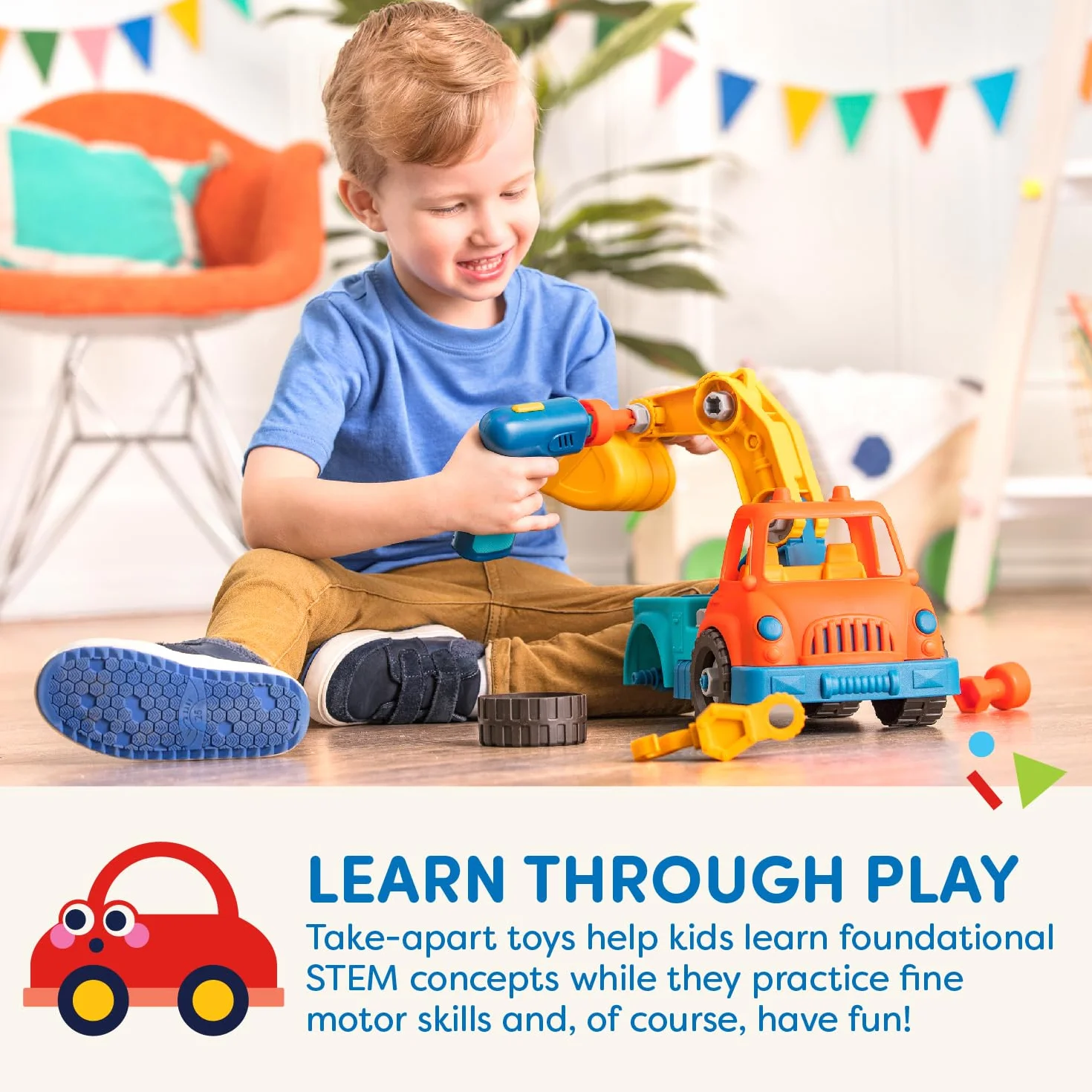 Battat - Konstruktionsspielzeug Kranwagen - Konstruktionsspielzeug Kranwagen - Spielzeugkranwagen mit Bohrmaschine für Kinder - STEM-Spielzeug - Entwicklungspolitischer Nutzen - 3 Jahre +