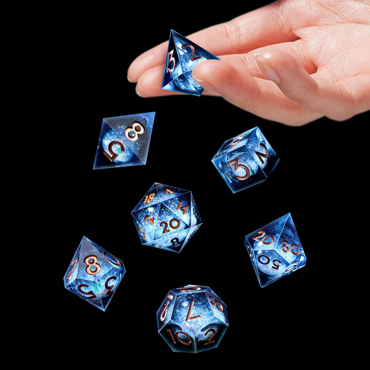 SIQUK 7 Stück Würfel Set Polyedrische Würfel Liquid Core Würfel D4 D6 D8 D10 D12 D20 D% Spielwürfel für DND RPG MTG, Blau & Schwarz, Gold