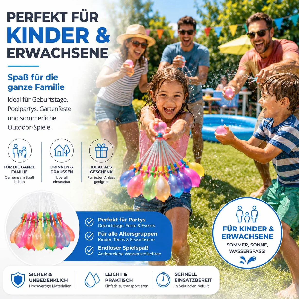 444x Selbstschließende Wasserbomben bunt - Erwachsene & Kinder - Schnell befüllbar - Luftballons
