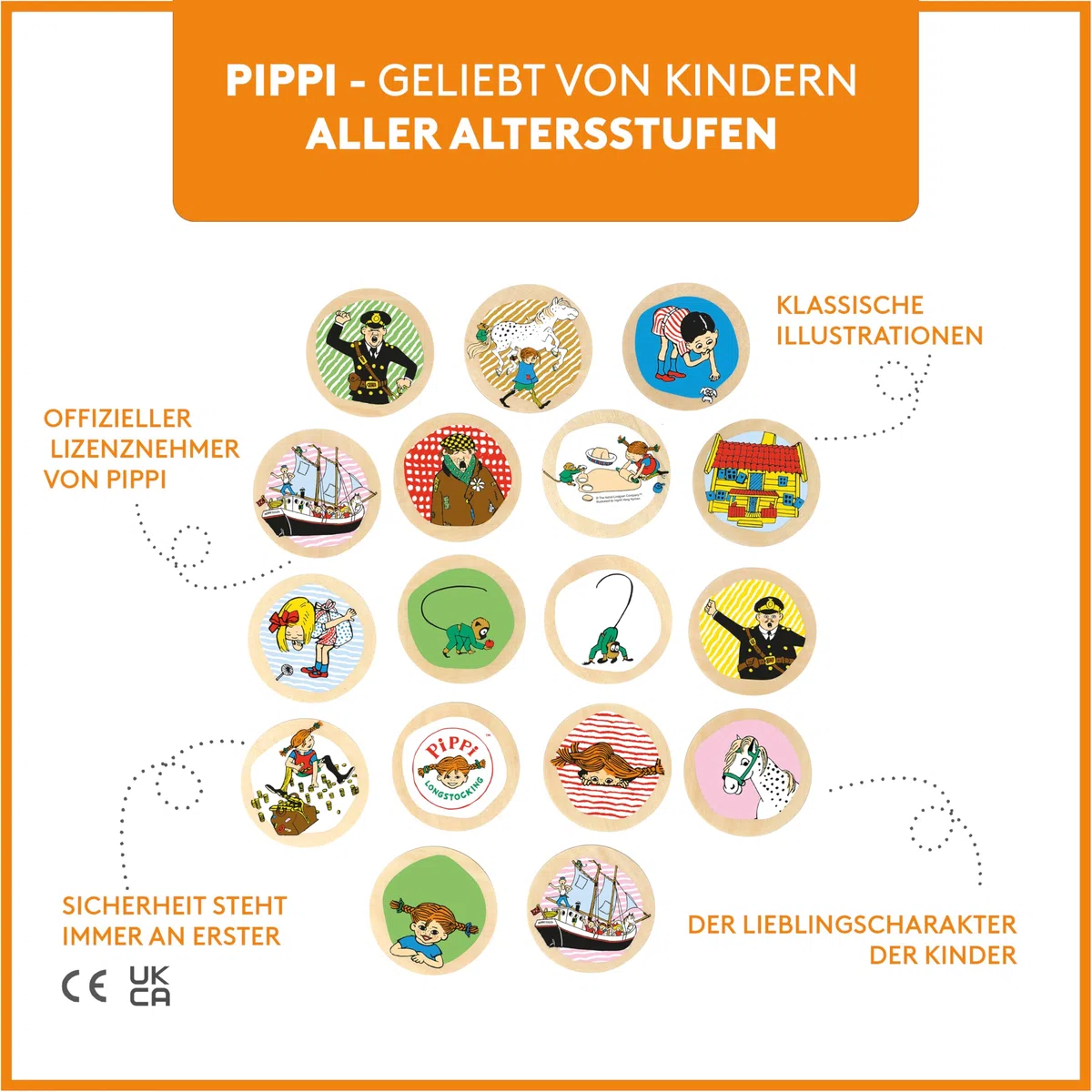 Pippi Langstrumpf Kinderspiel Memory Spiel – Holzspiel für Kinder – Gedächtnisspiel mit 38 Holzteilen – Offiziell Lizenziertes Produkt – Für Kinder ab 3 Jahren