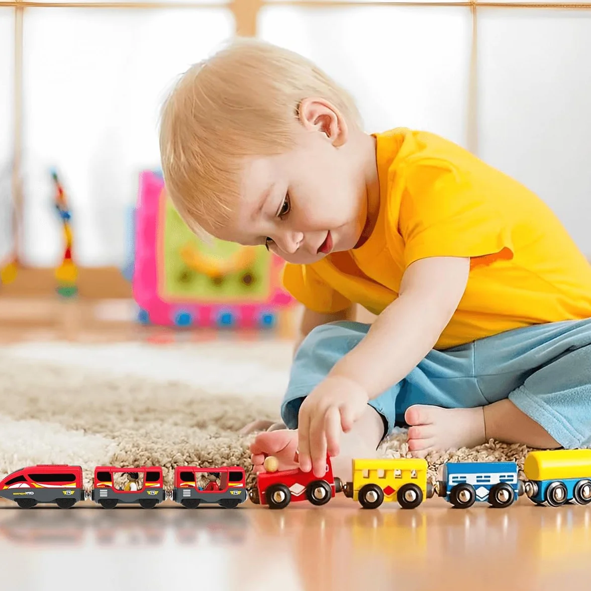 DxxD Eisenbahn Elektrische lok Holzeisenbahn Zug, Batteriebetriebenes Lokomotivzug mit Frontscheinwerfern und Sound, Zugset Kompatibel mit Brio, Thomas, Spielzeugauto Junge Kinder ab 3 Jahren, Rot