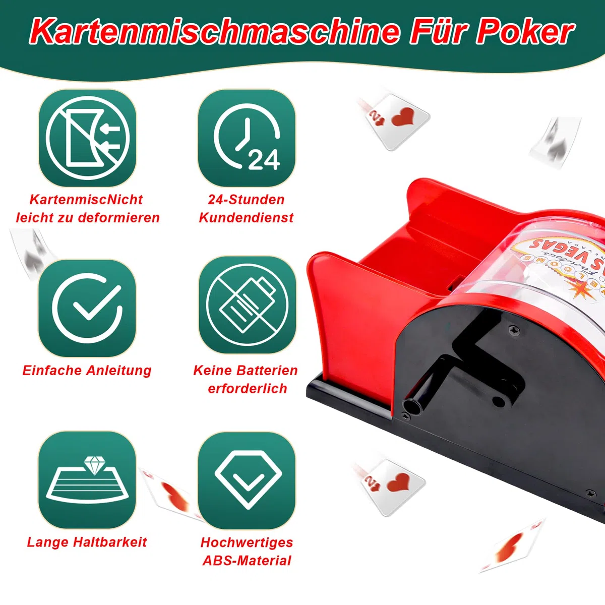 Pipihome Manuelles Kartenmischmaschine, Mischmaschine Karten für 2 Decks mit Kurbel, Kartenmischer Card Shuffler, Kartenmischgerät für Spielkarten bis 91 mm UNO, Poker, Texas Hold Em, Omaha, Baccarat