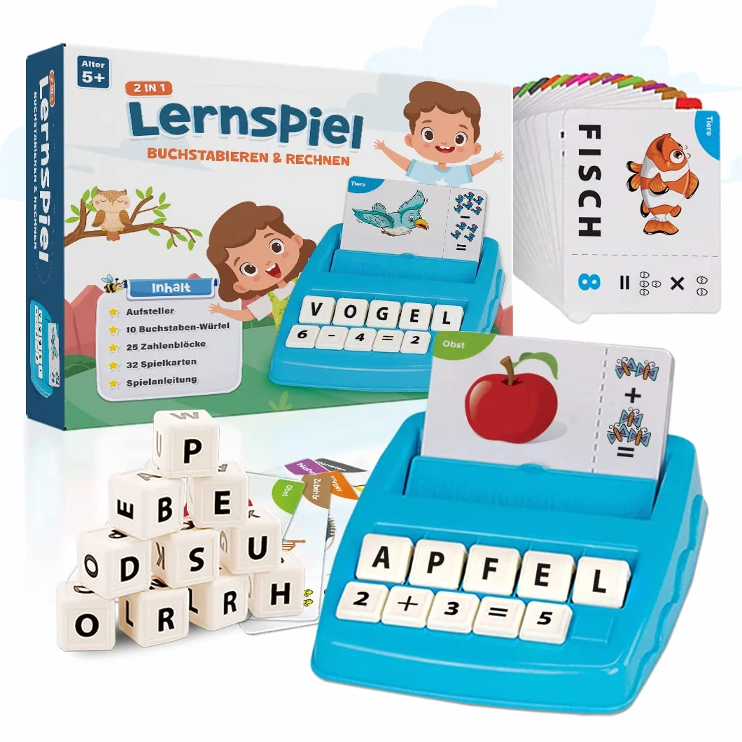 Buchstaben Lernspiel ABC Montessori Lernen ab 4 5 6 Jahre Vorschule Zahlen Rechnen Schulanfänger 1 Klasse Geschenk für Vorschulkind Lernspielzeug Einschulung (Türkis)