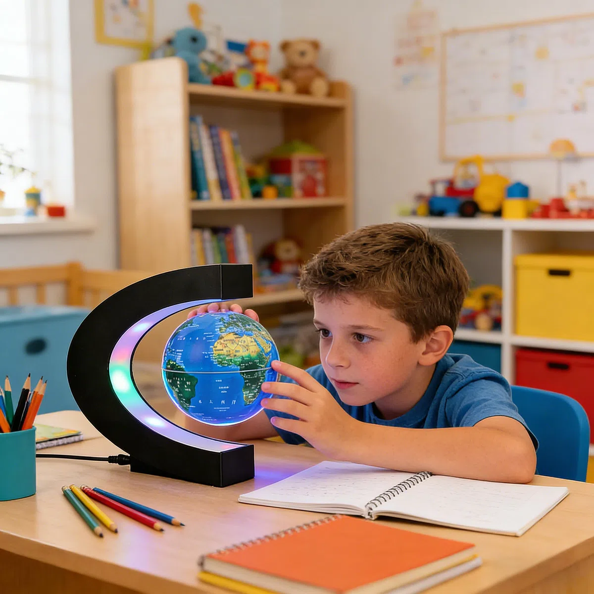 C-Form Magnetisch Schwebender Globus mit LED-Licht, Magnetische Schweben Floaten Weltkarte Globus, Rotierende Erde Globus Kugel, Automatischer Schwimmender Globus-1