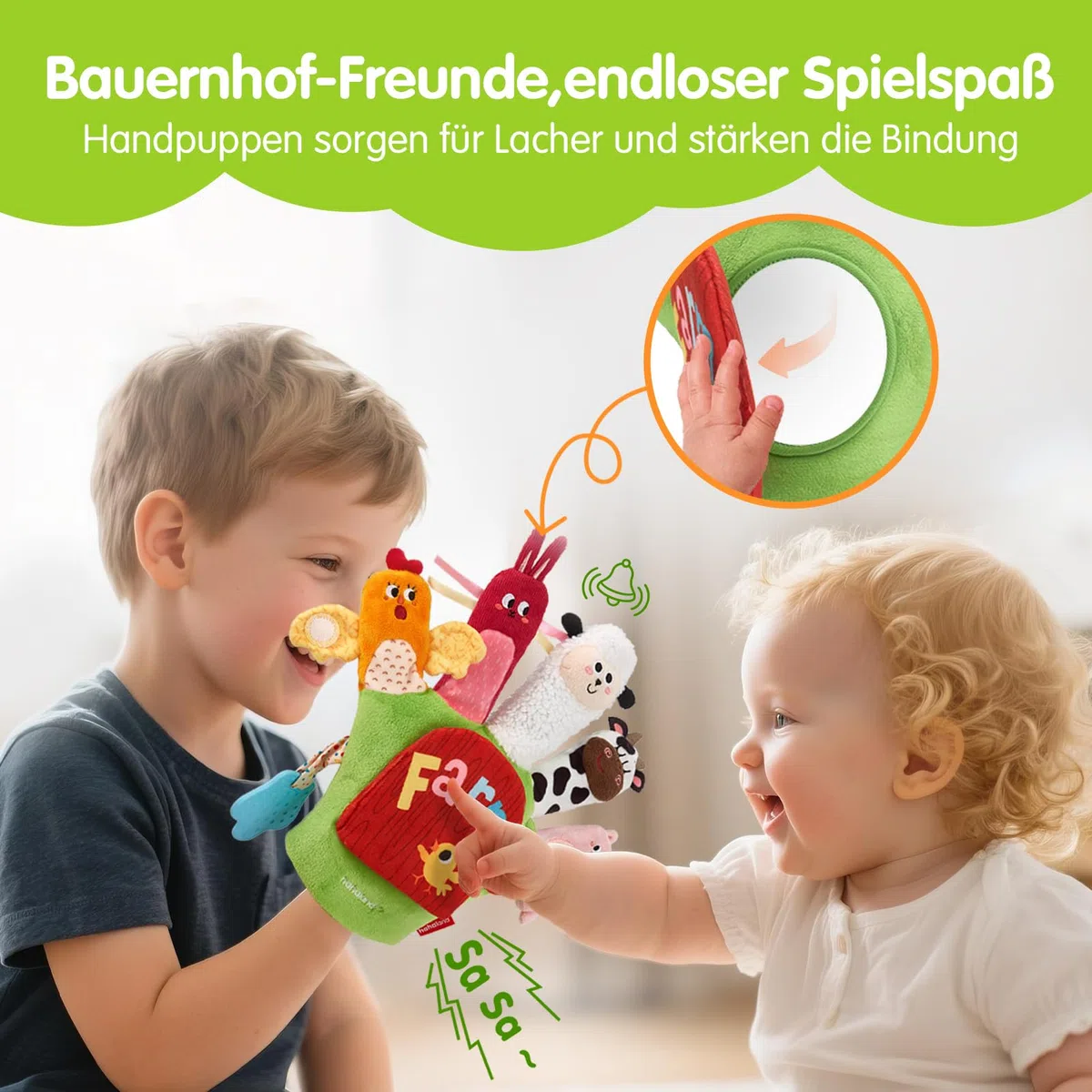 hahaland Baby Sensorik Spielzeug ab 6 12 Monaten - Bauernhof Handpuppen Fingerpuppen mit Beißring & Spiegel für Kinder, Jungen Mädchen, Tummy Time Toy, Baby Geschenk Geburt & Neugeborenen Geschenk