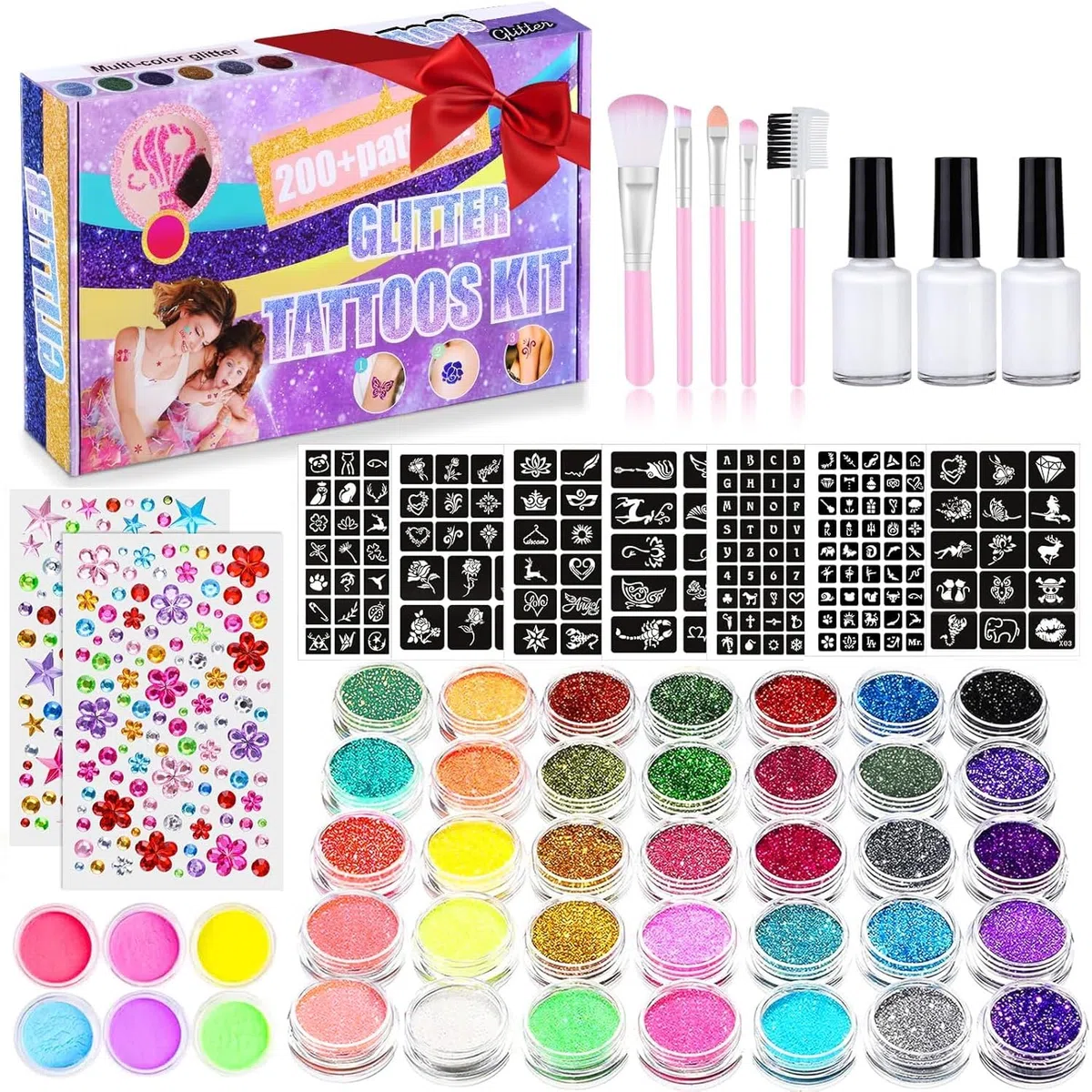 Glitzer Tattoo Set Kinder,41 Farben Glitzertattoos Mädchen, 215 Strasssteine 204 Schablonen 3 Kleber 5 Pinsel, Wasserfeste Temporäre Tattoos für Kinder,Mädchen,Party,Geschenk für Kinder Weihnachten