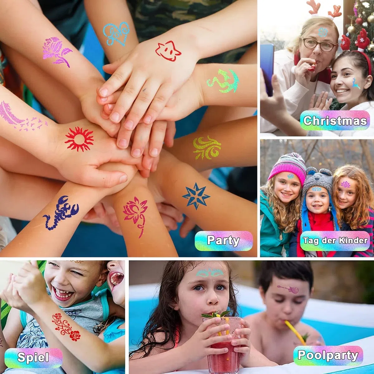 Glitzer Tattoo Set Kinder,41 Farben Glitzertattoos Mädchen, 215 Strasssteine 204 Schablonen 3 Kleber 5 Pinsel, Wasserfeste Temporäre Tattoos für Kinder,Mädchen,Party,Geschenk für Kinder Weihnachten