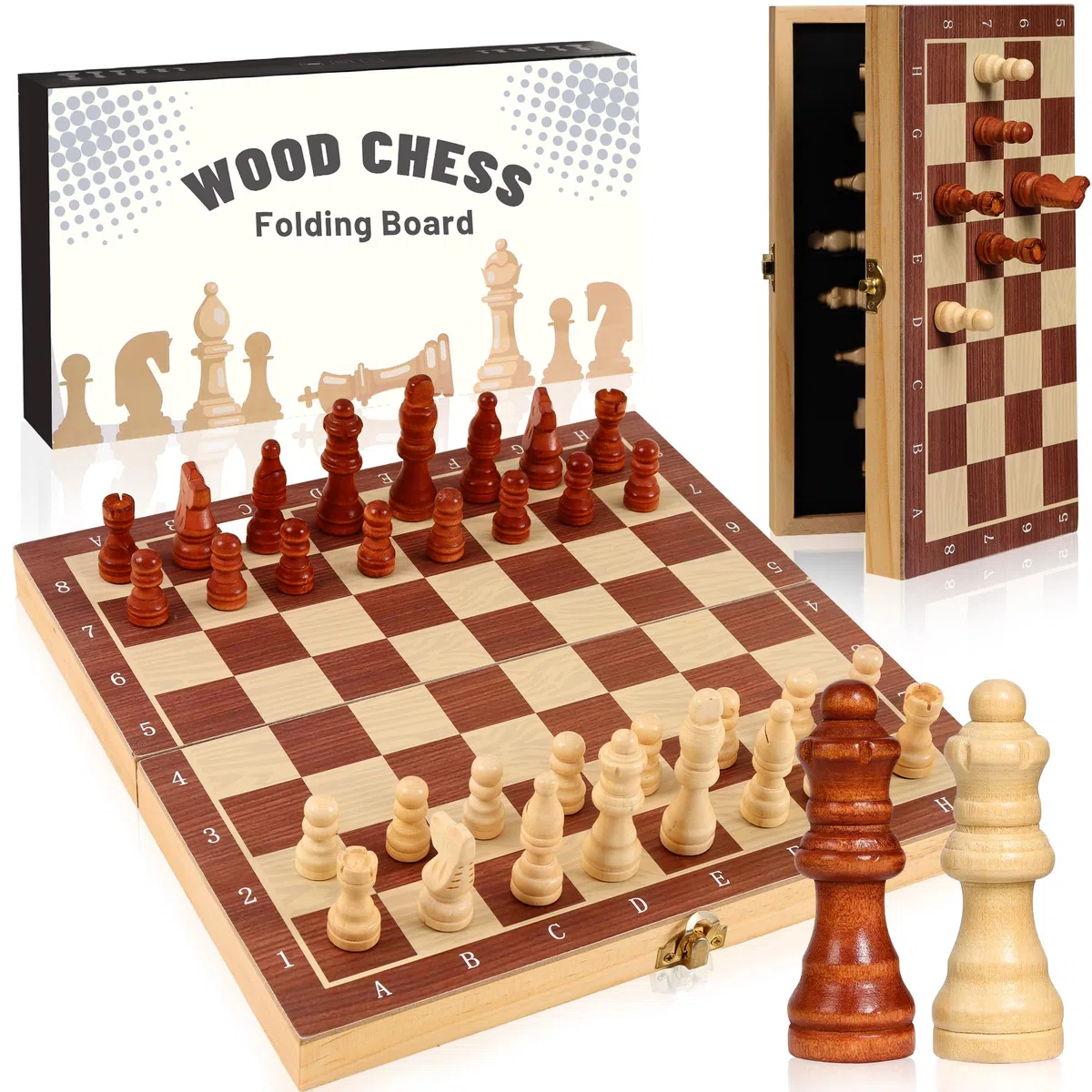 Schachspiel Holz 29 x 29cm, Magnetisches Schachbrett Holz mit Starkem Magnetverschluss, Klappbare Holzkiste, Einfache Aufbewahrung, Chess Board mit Schwamm, Schachfiguren Bleiben Unversehrt