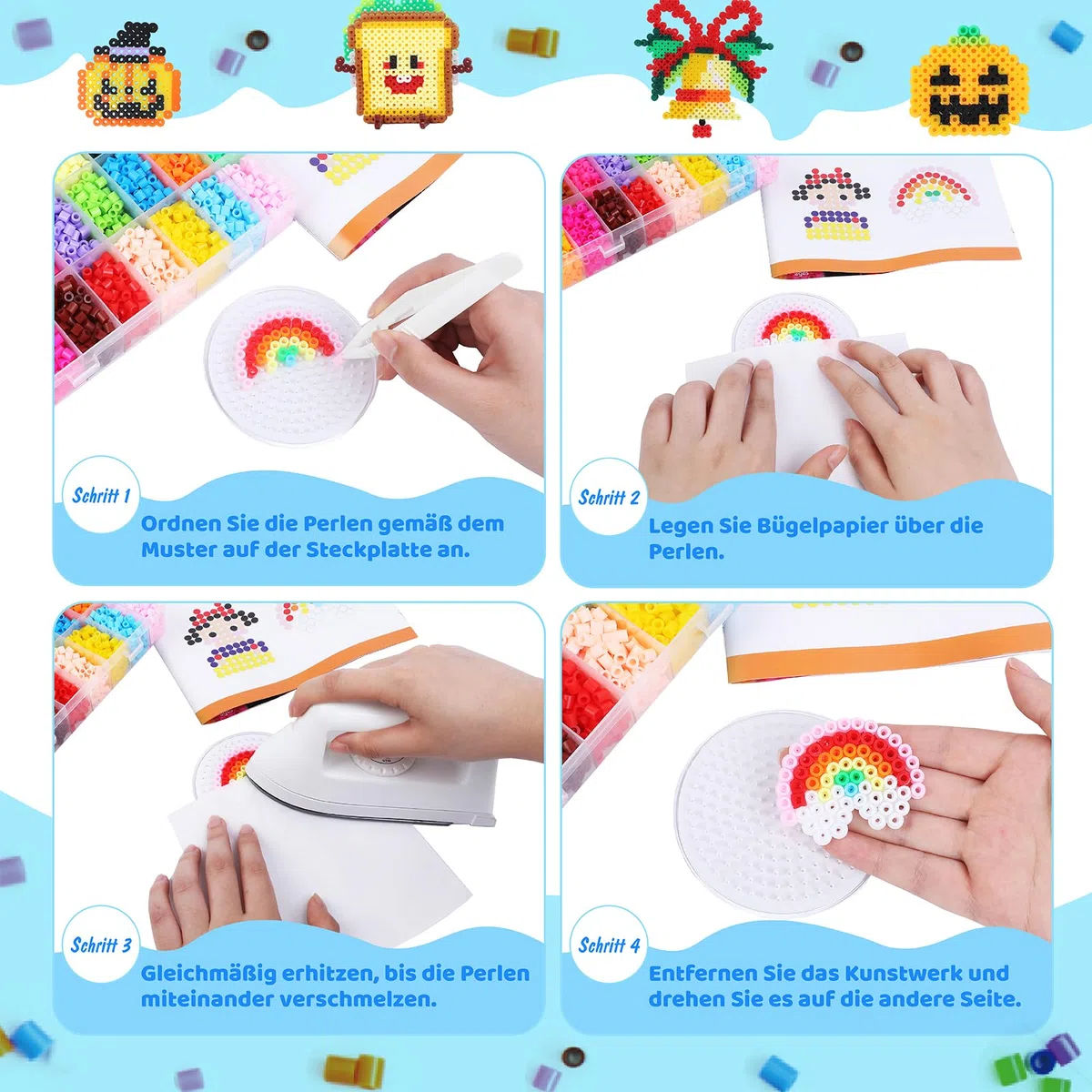 BLOT 4000 Bügelperlen Set 24 Farben Bügelperlen für Kinder Mädchen Jungen DIY Steckperlen mit Platte Zubehör Muster in Organizerbox, 5mm