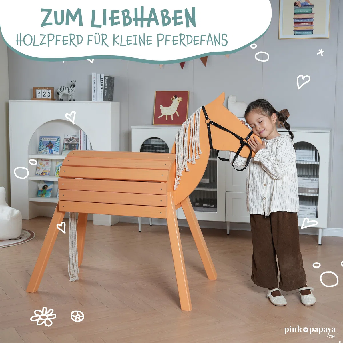 Pink Papaya Holzpferd für draußen, Reitpferd aus Holz für Kinder, Spielpferd XXL für den Garten, Outdoor Pferd mit Mähne und Schweif