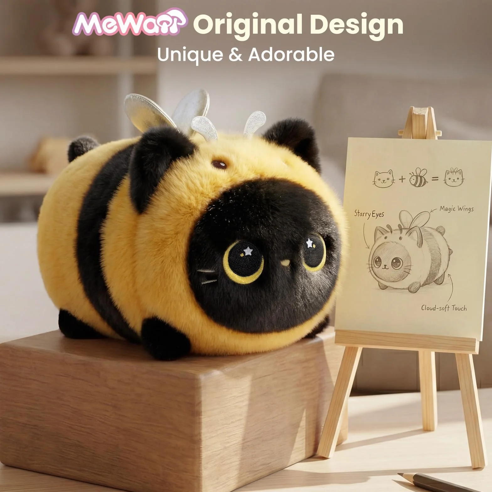 Mewaii Schwarze Katze Biene Plüschkissen 20CM Weiches Kawaii Kuscheltier für Kinder,Niedliches Katze Plüschtier,Perfektes Kuschelkissen und Geschenk