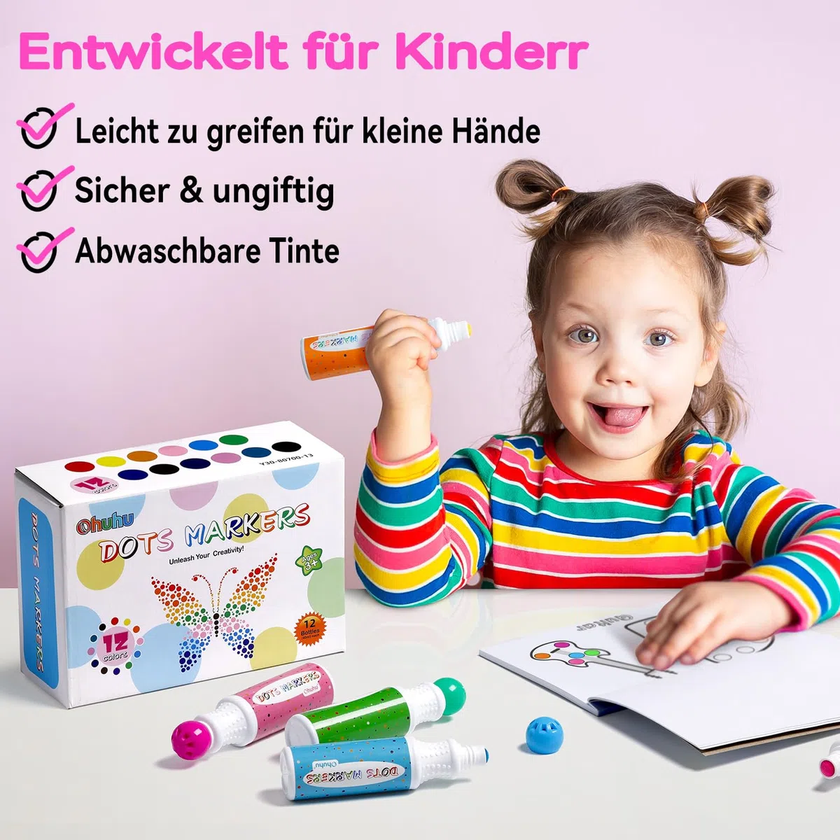 Ohuhu Bingo Dabbers, 12 Farben Auswaschbar Dot Marker für Kinder (40 ml) mit einem leeren 30 Seiten Kinder Activity Book für Vorschule ungiftig Wasser-basierte Punkt-Kunstmarker