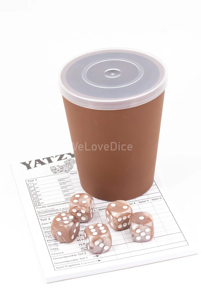 WeLoveDice DiceCupFlex - Flexibler Würfelbecher mit Deckel inkl. 5 Würfel & Block - Made in Germany (beige)