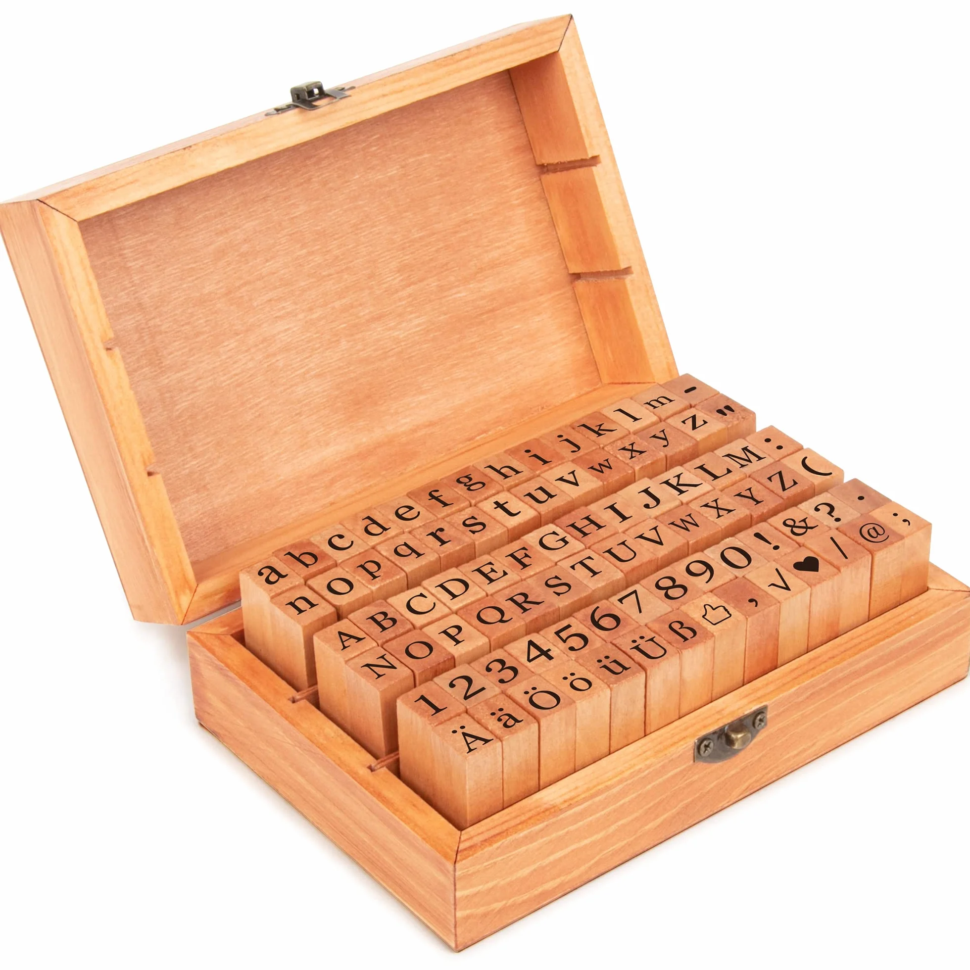 Ausyde Holzstempel Set – 84 Stück Alphabet-Stempel mit Großbuchstaben, Kleinbuchstaben, Zahlen und Symbolen mit Holzbox für Kunst und Handwerk