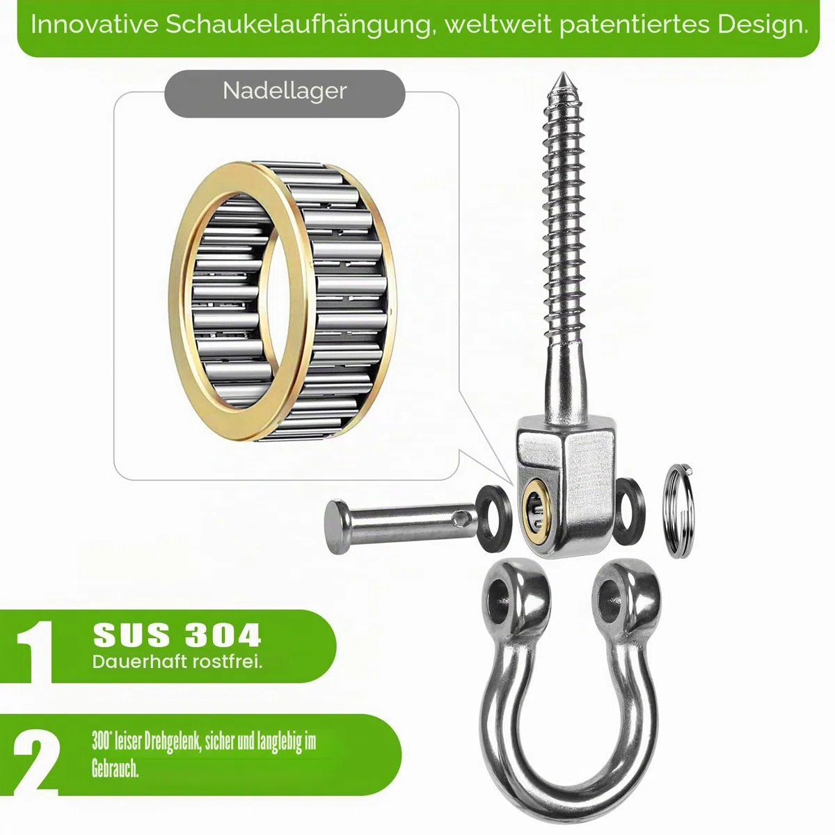 SELEWARE Strapazierfähige Schaukelaufhänger mit Lagern, 2er-Pack - Edelstahl-Veranda-Schaukel-Hardware für Terrasse & Spielplatz, leise Drehhaken - strapazierfähige Schaukel-Hardware für drinnen
