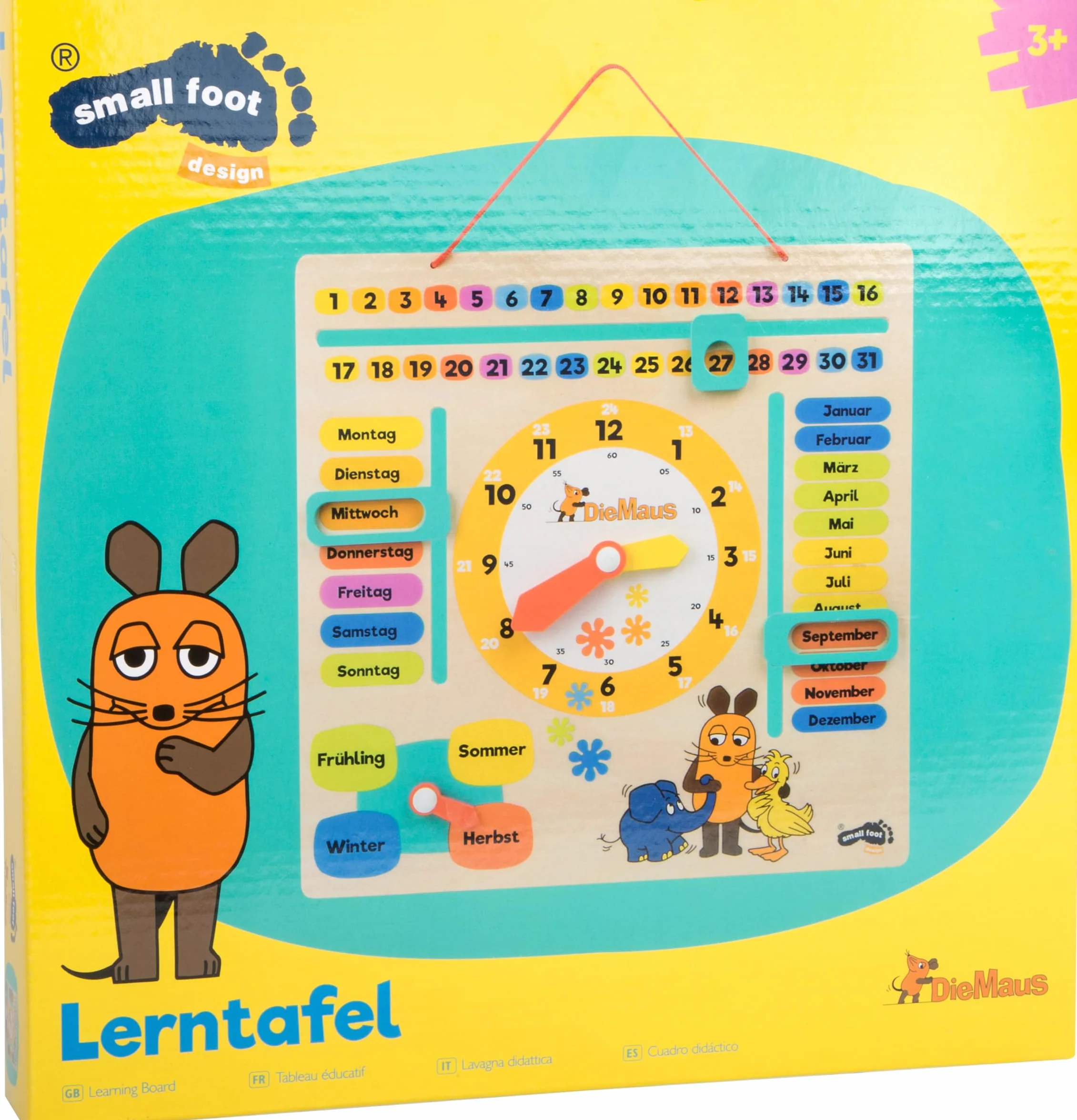 small foot Die Maus Lernuhr mit Kalender aus Holz, erklärt Datum, Jahreszeit und Uhrzeit, für Kinder ab 3 Jahren, 10496