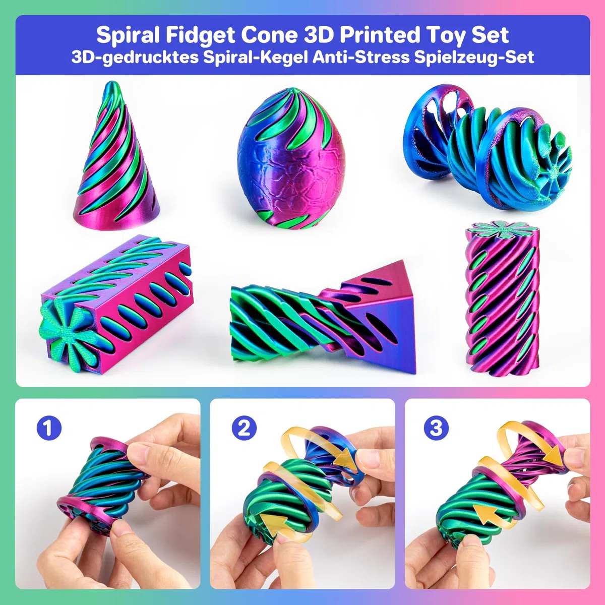 6 Packungen Spirale Fidget Kegel 3D gedruckt Spielzeug Set, Flexible Pyramide Passthrough für Stressabbau, Kinder Erwachsene Schreibtisch Spielzeug, Rosenrot & Dunkelblau & Grün